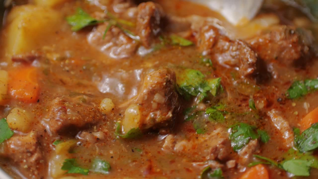Hungarian goulash soup bograch close-up on the table. horizontal . High quality 4k footage