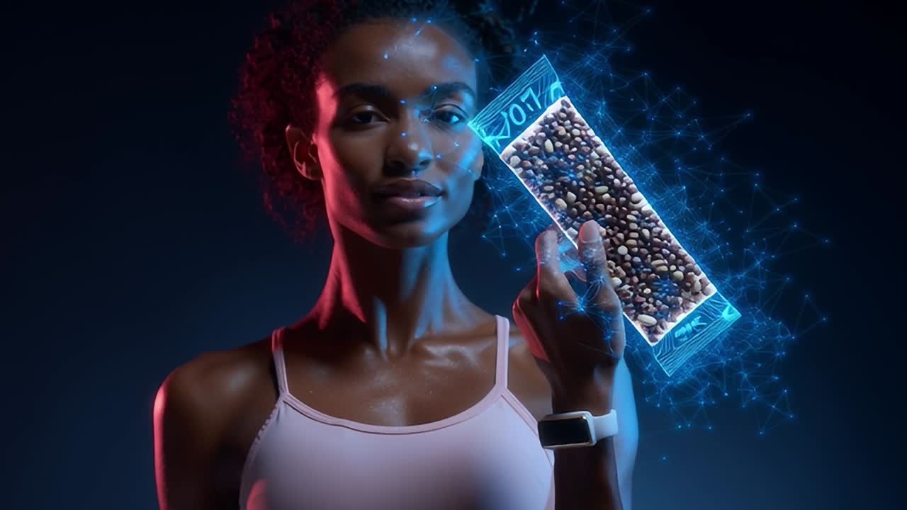 Woman holding futuristic device with digital effects at night
