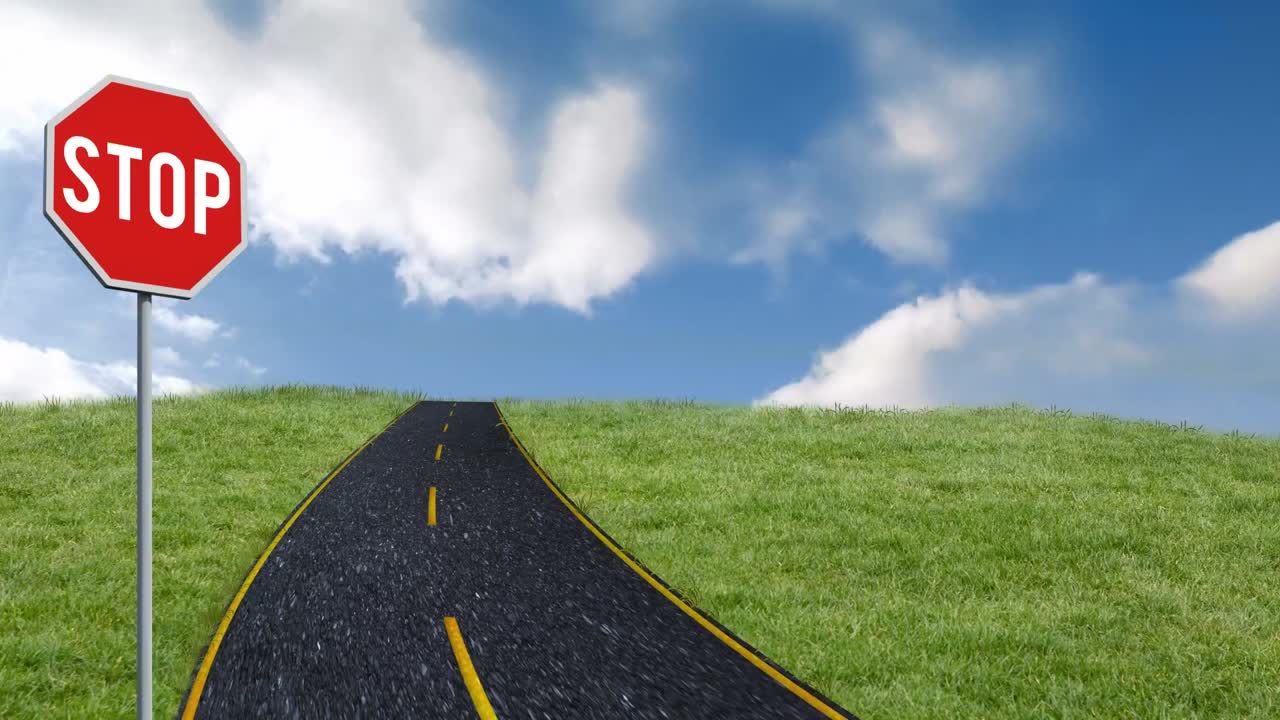 파란색 배경에 있는 도로 표지판과 도로의 애니메이션