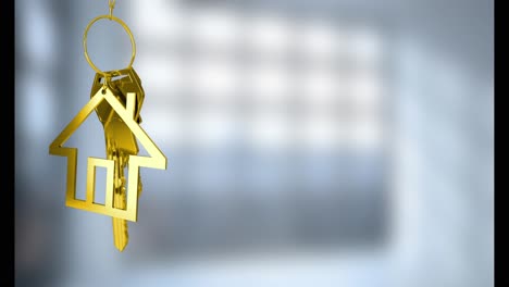 animation of golden hanging house keys against blurred background with copy space