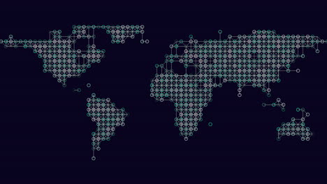 futuristic world map from neon rainbow dots on black gradient