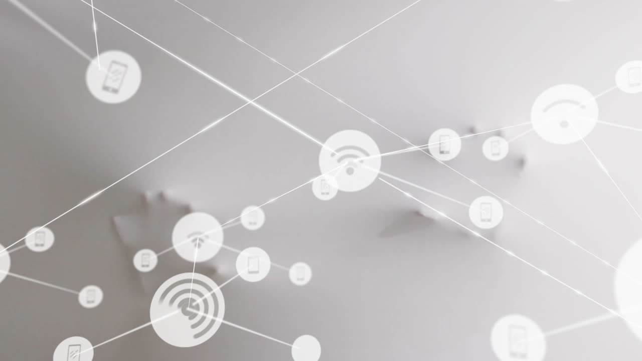 Animation of connected devices and wireless signals on abstract white background