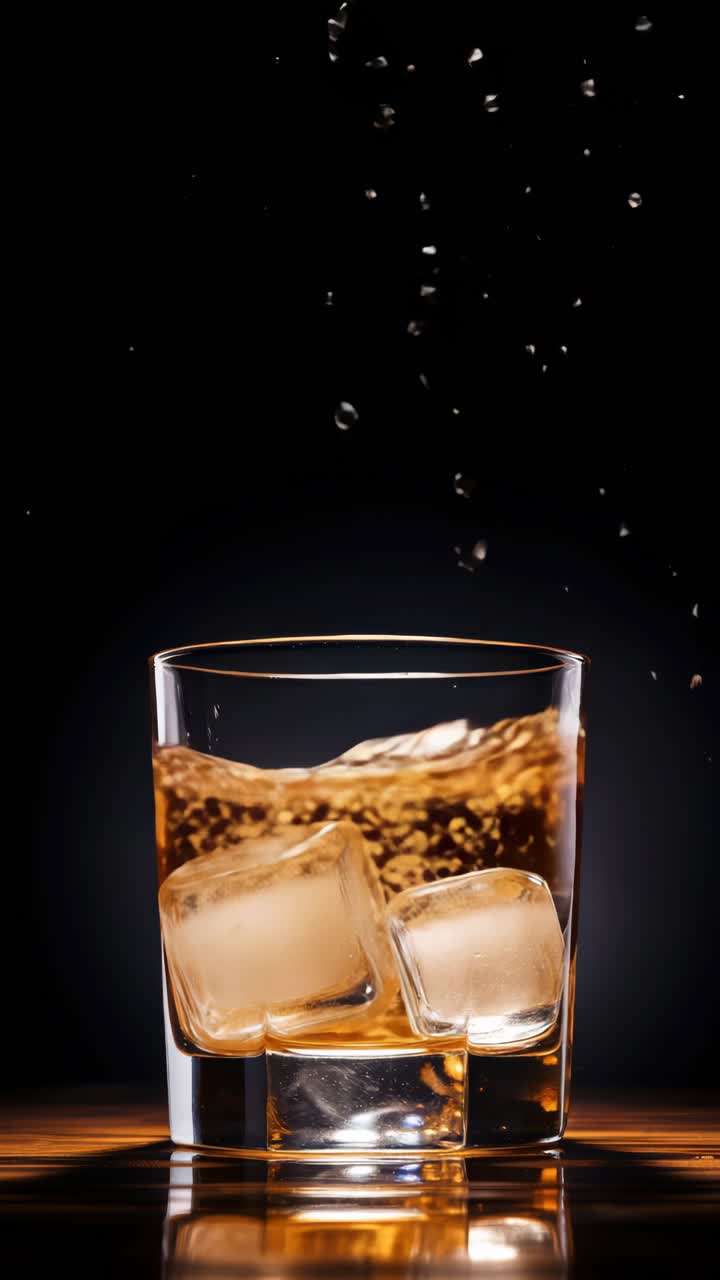Ripresa video in primo piano di un bicchiere di whisky con cubetti di ghiaccio, che cattura gli schizzi e le goccioline