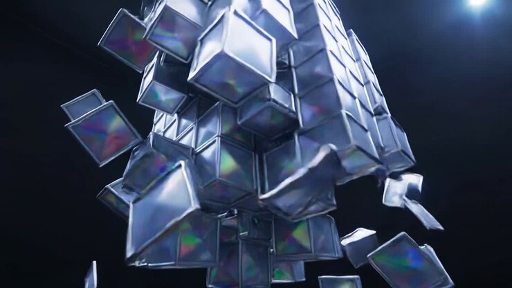Closing camera rising drawing rainbow cube modules clustering into stack in studio with twin beams