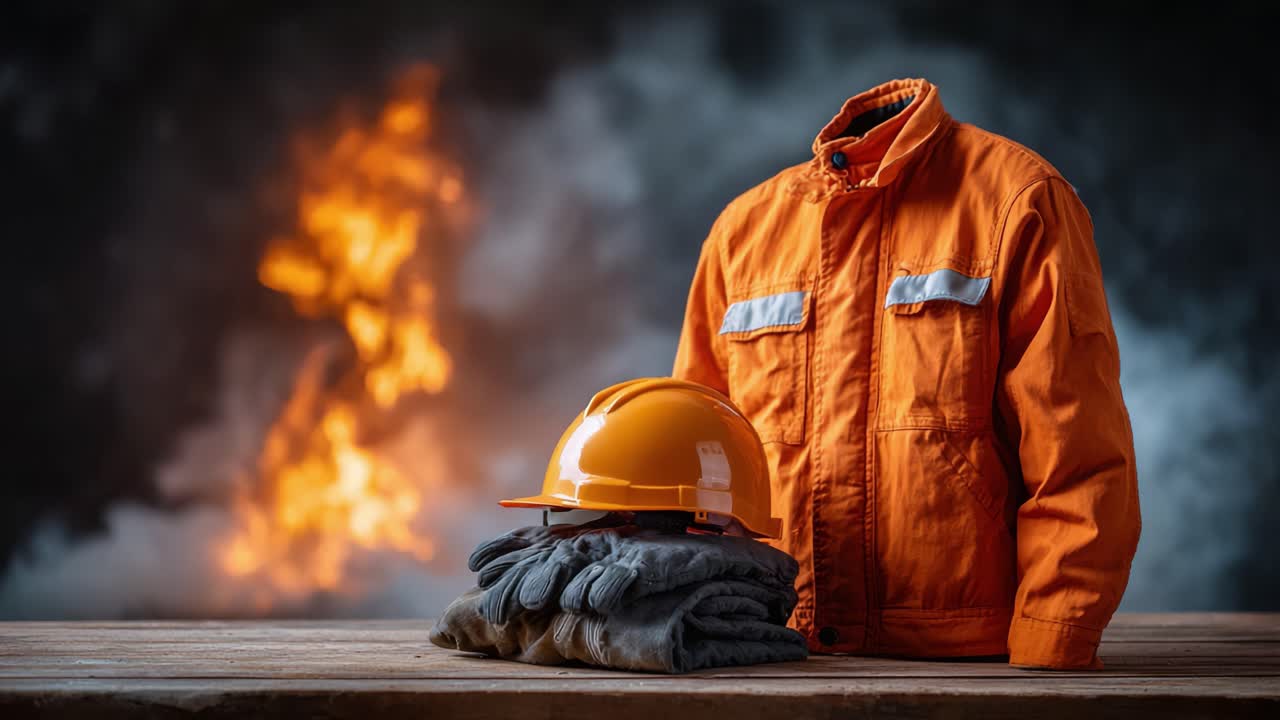 Presentatie van veiligheidsuitrusting: Een oranje jas, veiligheidshelm en werkhandschoenen geëtaleerd tegen een vurige achtergrond, die brandveiligheid en paraatheid op de werkplek symboliseren.