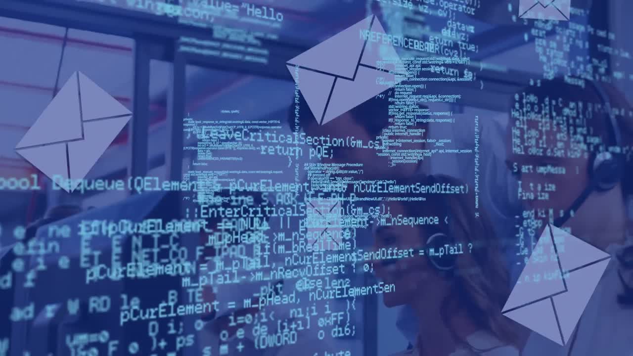 Animasjon av databehandling over forretningsfolk som bruker telefonheadset