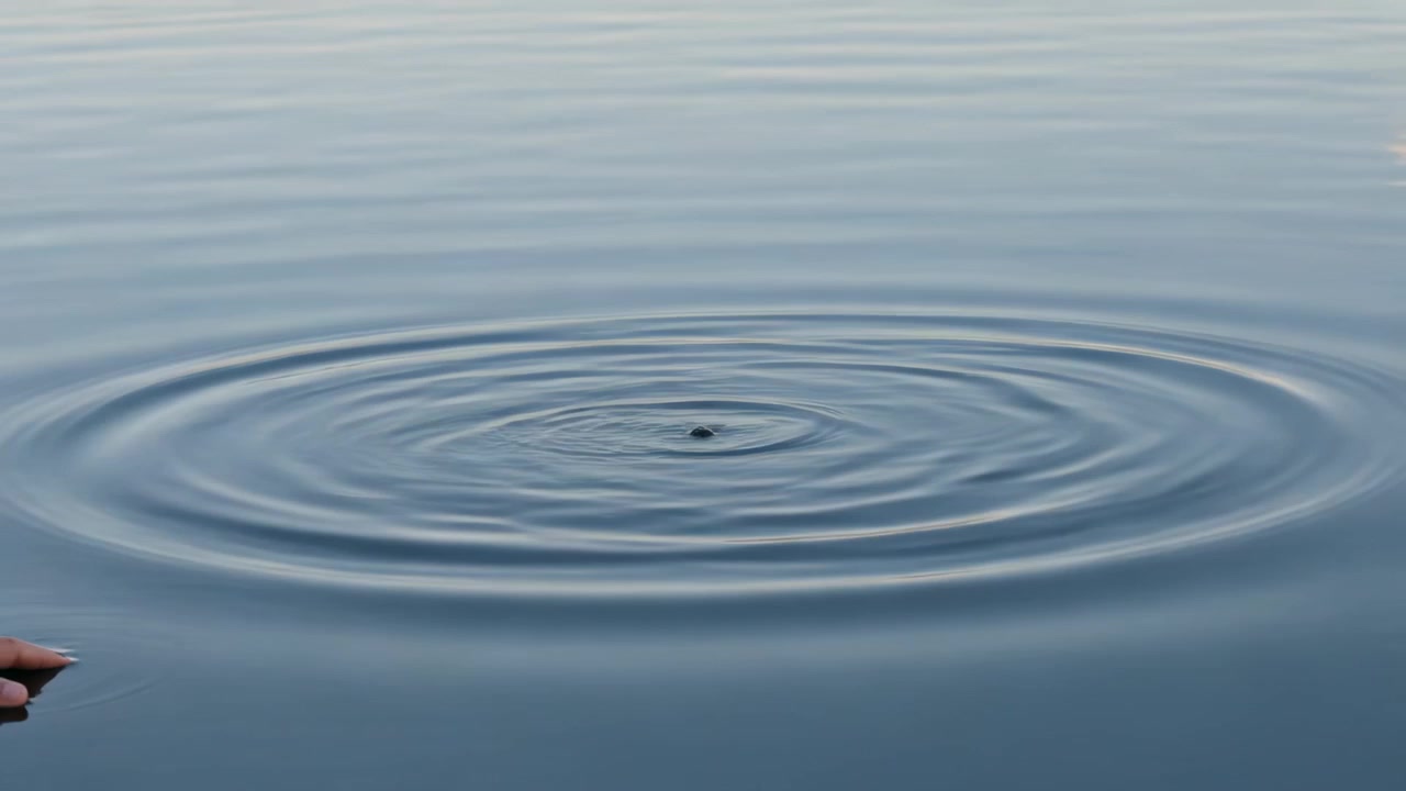 Una mano umana che rilascia un sassolino in uno stagno calmo vicino alla riva, creando increspature concentriche.