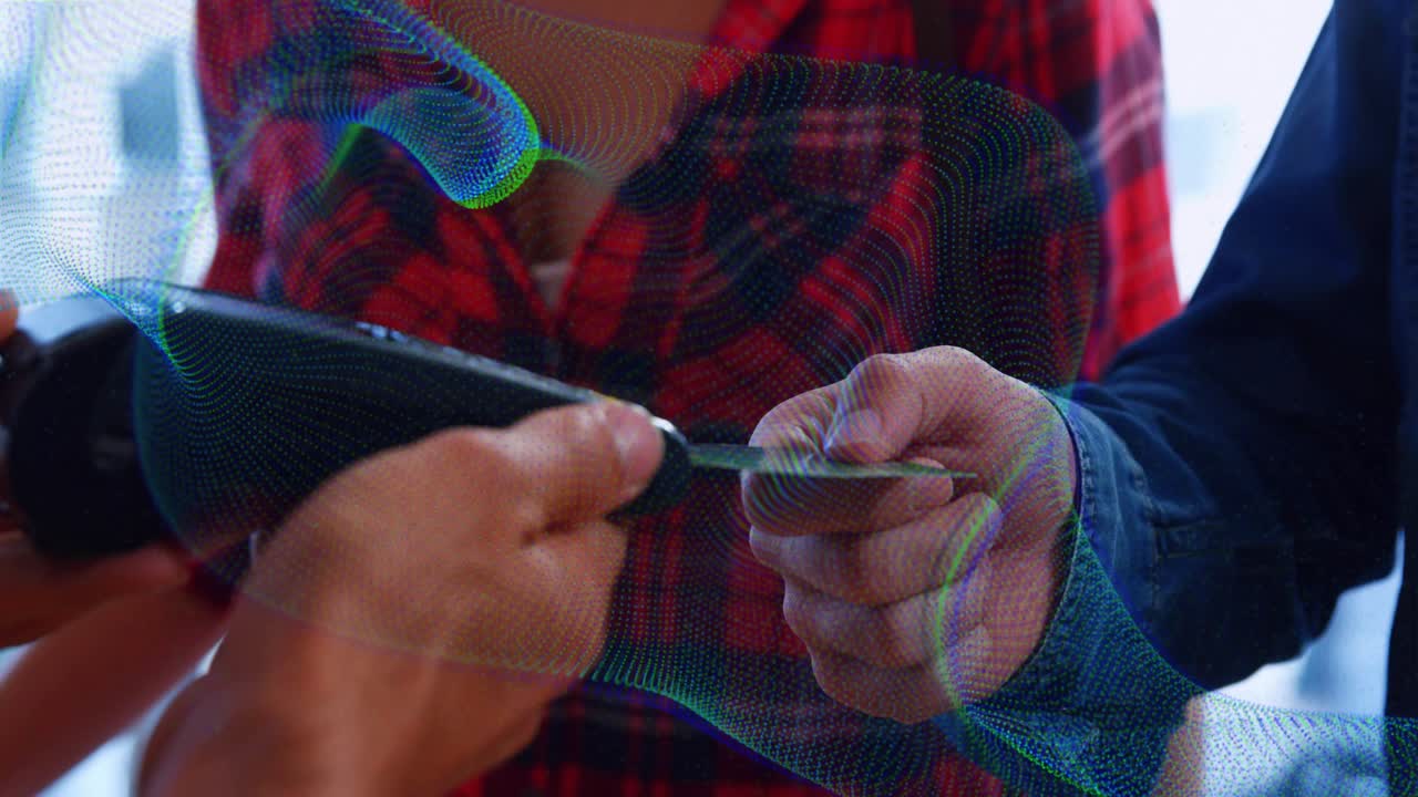 Buyer handing card, clerk holding reader, tapping card and starting retail mesh handling sale