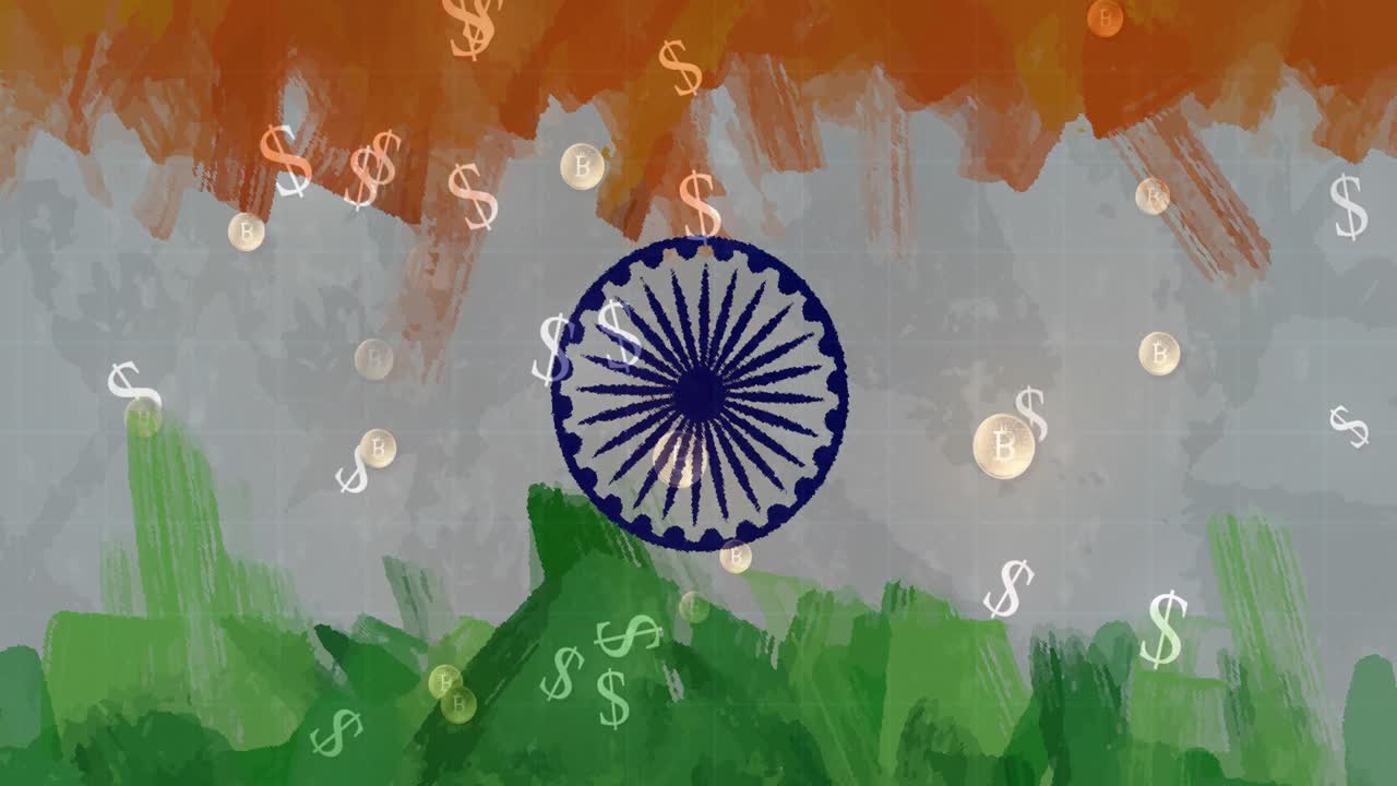 Animation av Indiens flagga och amerikanska dollar som faller