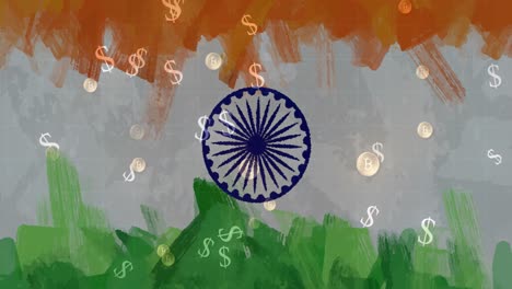 Animación-De-La-Bandera-De-La-India-Y-Dólares-Americanos-Cayendo