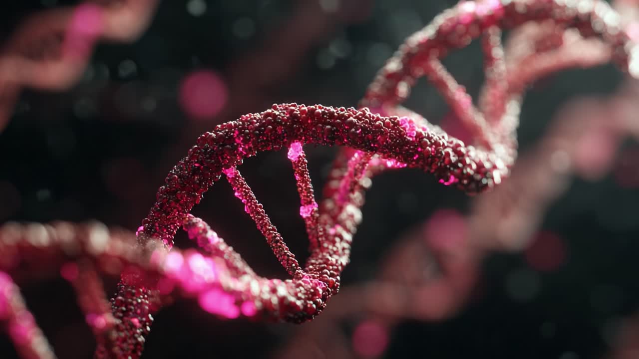 Esplorando la struttura intricata del DNA: una vista ravvicinata della doppia elica con vivaci dettagli rosa, che fa luce sulla composizione genetica e sulla biologia molecolare