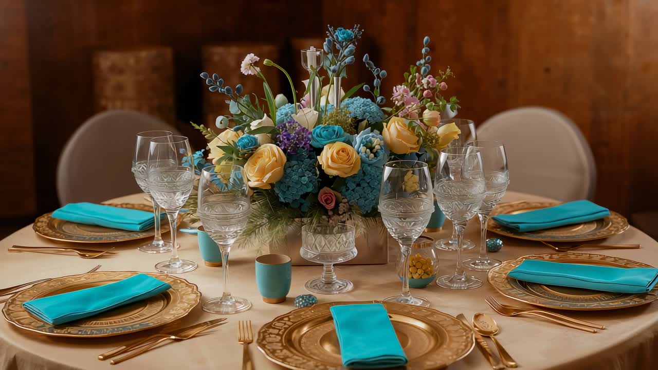 Pulling camera revealing floral centerpiece on round dining table, highlighting crystal stemware