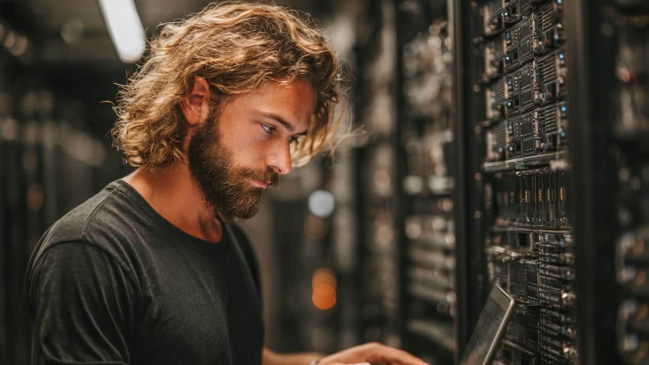 A focused individual interacts with a server rack, showcasing the intricacies of technology and the importance of digital management in an evolving environment