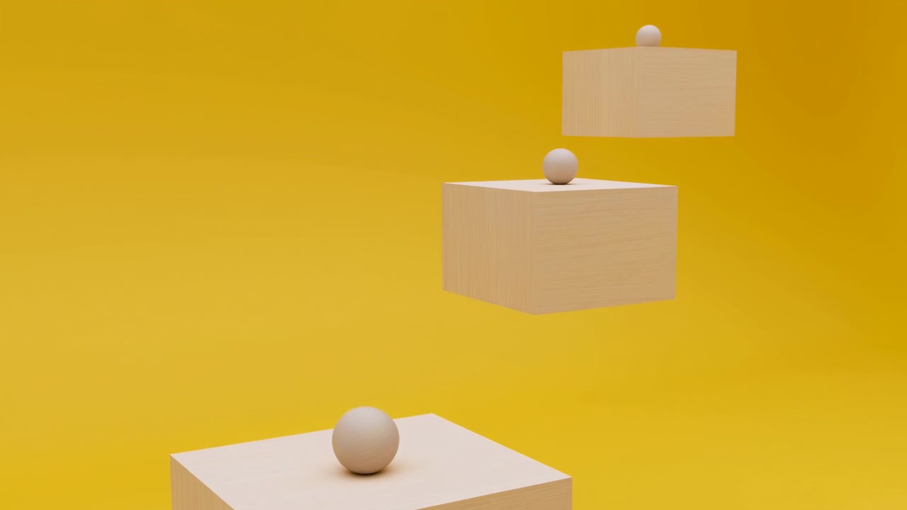 Composizione di blocchi di legno gialli fluttuanti, scena da studio minimalista con cubo e sfere levitanti, realizzata.