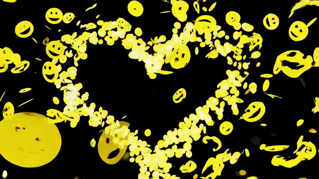 Many yellow emojis are floating and swirling, creating a heart shape against a black background, symbolizing love, happiness, and positive emotions