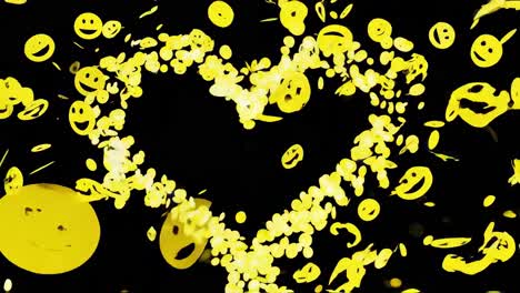 many yellow emojis are floating and swirling, creating a heart shape against a black background, symbolizing love, happiness, and positive emotions