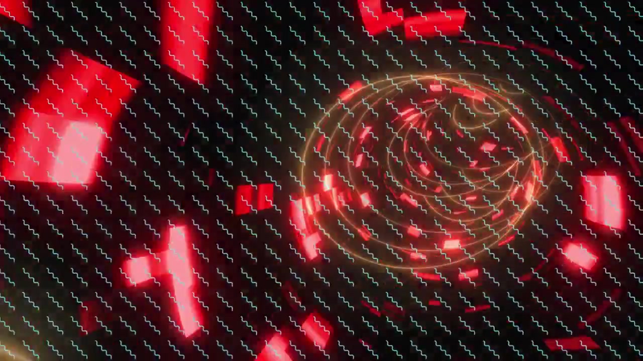 Animazione di un tunnel di luci al neon su sfondo nero con onde verdi.