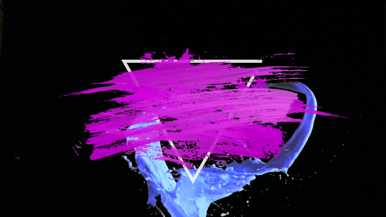 animación de trazos de pintura rosa con contorno de triángulo blanco y pintura azul salpicada
