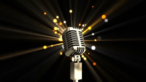 Animation-of-microphone-over-glowing-light-spots-against-black-background-with-copy-space