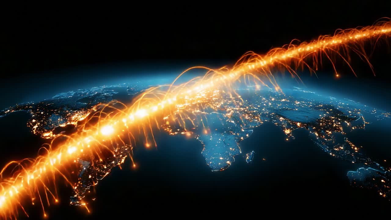 A Stunning Visualization of Earth’s Connectivity and Energy Flow as Seen from Space, Highlighting Illuminated Cities and Vibrant Pathways Across the Globe's Surface