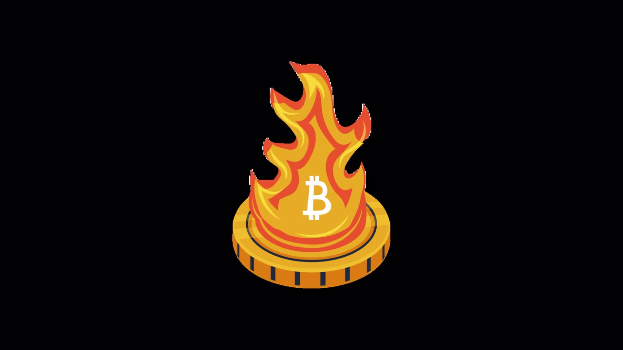 Animeret Bitcoin mønt opslugt af flammer på sort baggrund