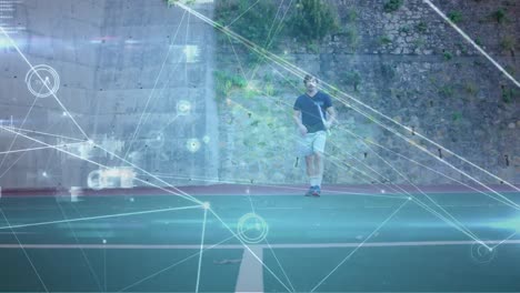 animación de la red de conexiones sobre el jugador de tenis masculino en la cancha de tenis