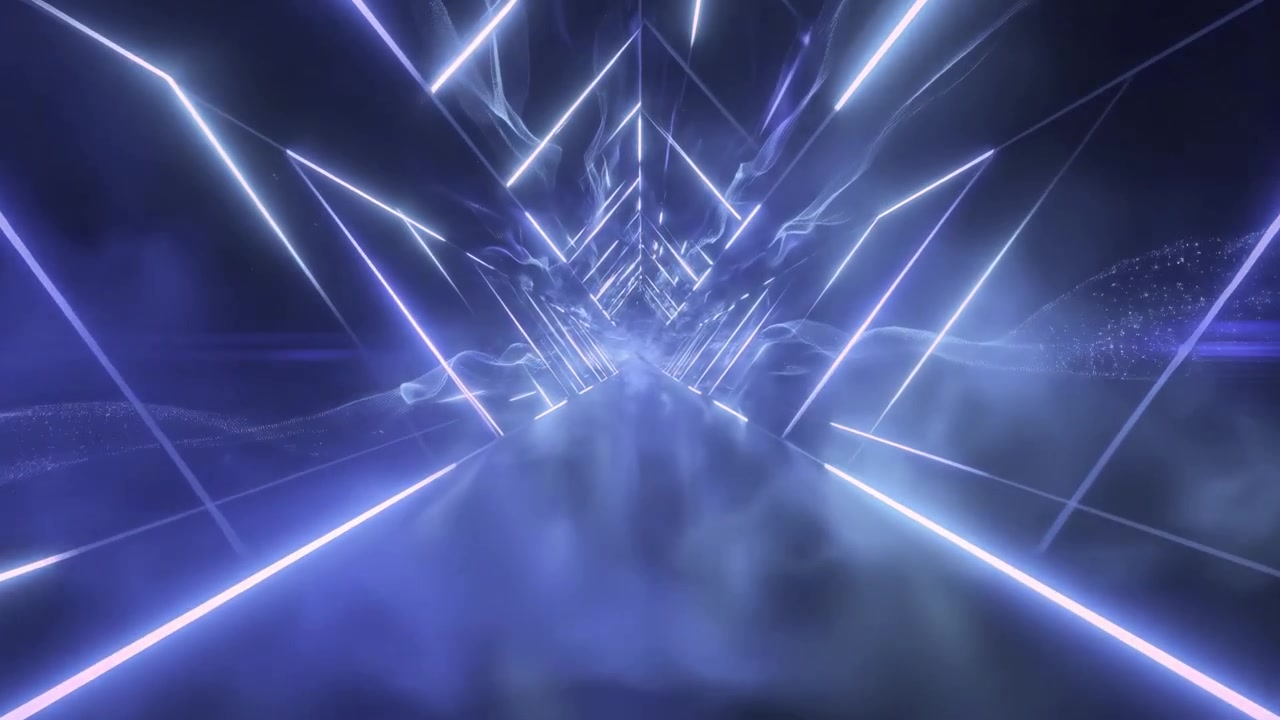 Abstract Neon Light Tunnel with Glowing Particles and Fog