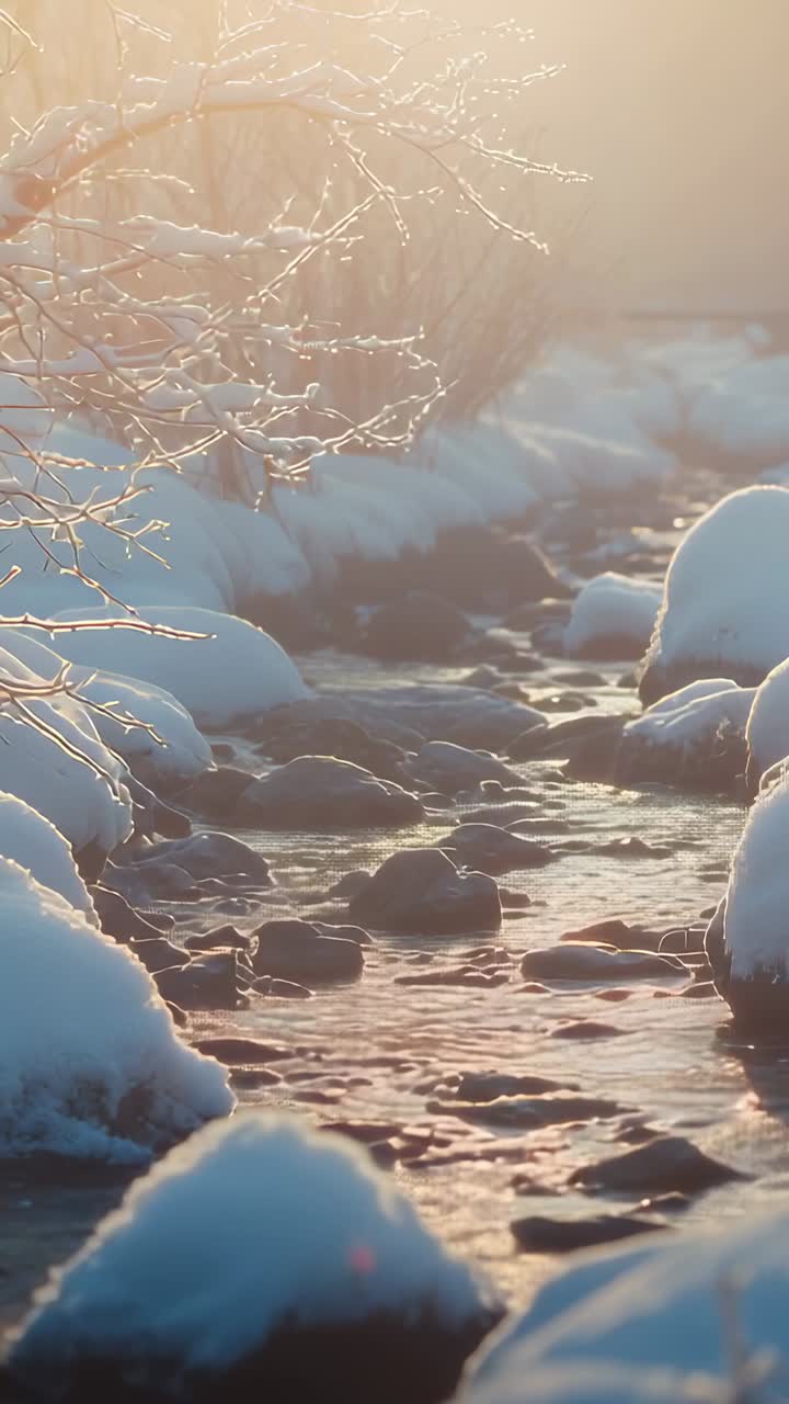 Vertical video: Rising sun casting glow on icy branches and stones in winter creek, mirroring light