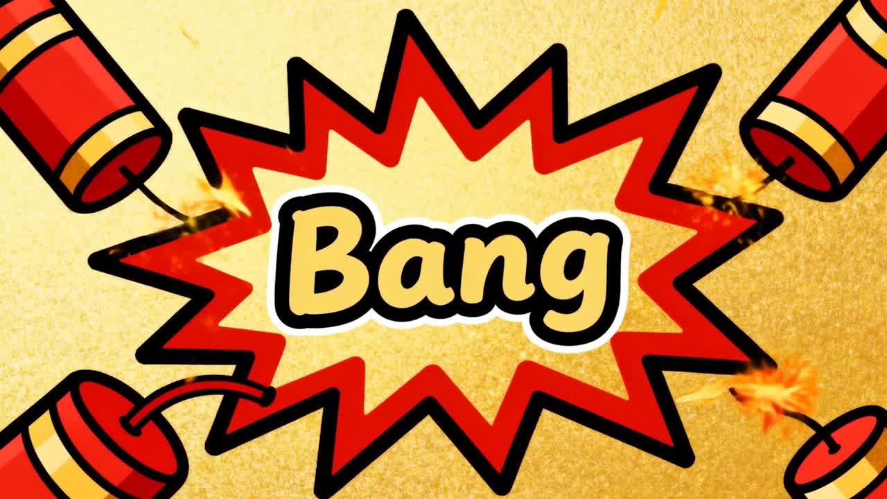 右下の導火線に点火して、お祝い用のダイナマイトの残り火が金の背景でBangの星が炸裂する様子を表現。