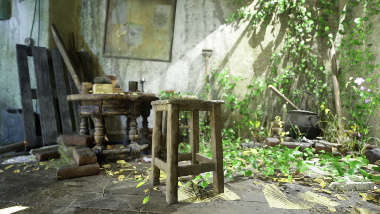 Abandoned room with rustic furniture and overgrown plants in sunlight