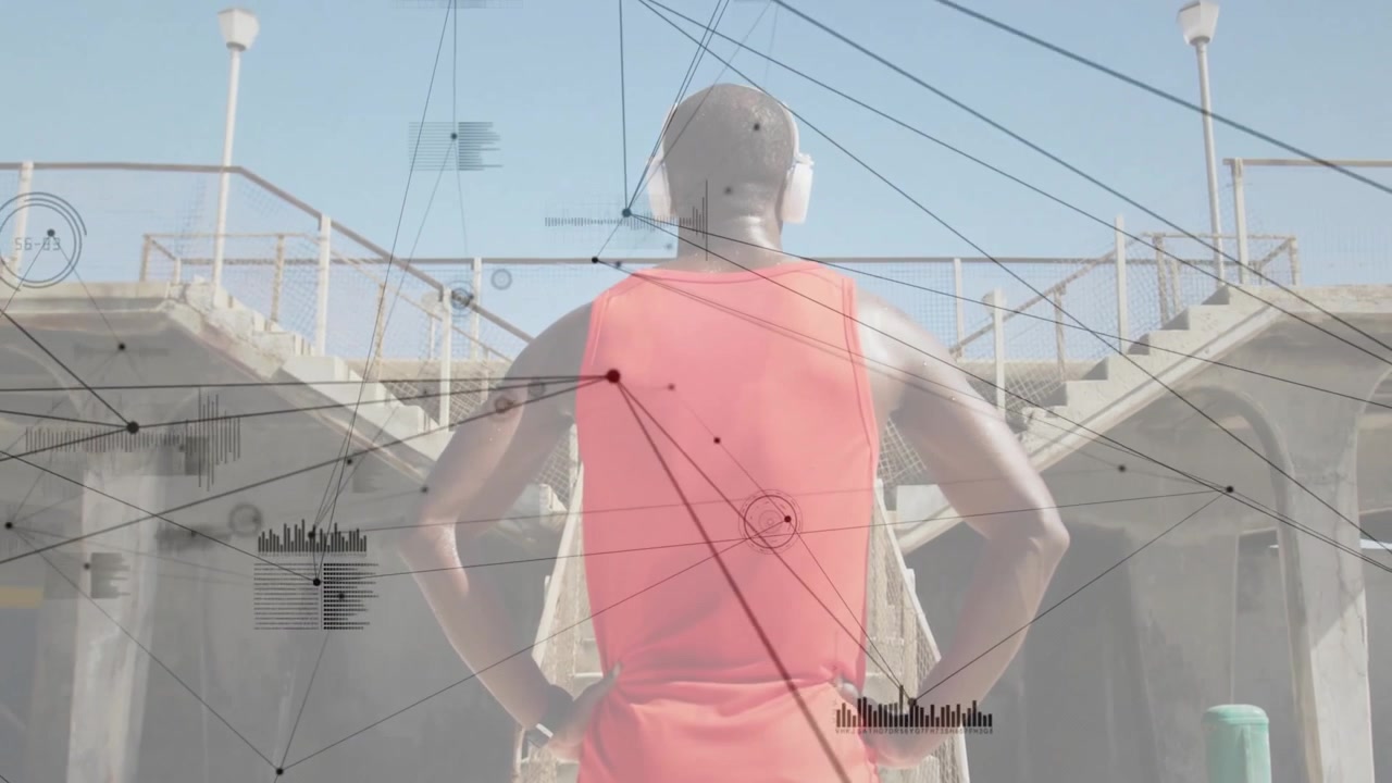 Runner surveying staircase initiating tech scanning with animated mesh forming fitness data display