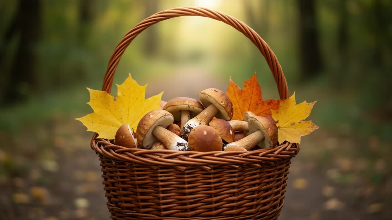 A Beautiful Basket Filled with Fresh Wild Mushrooms Surrounded by Autumn Leaves, Capturing the Essence of Nature's Bounty in a Serene Forest Setting