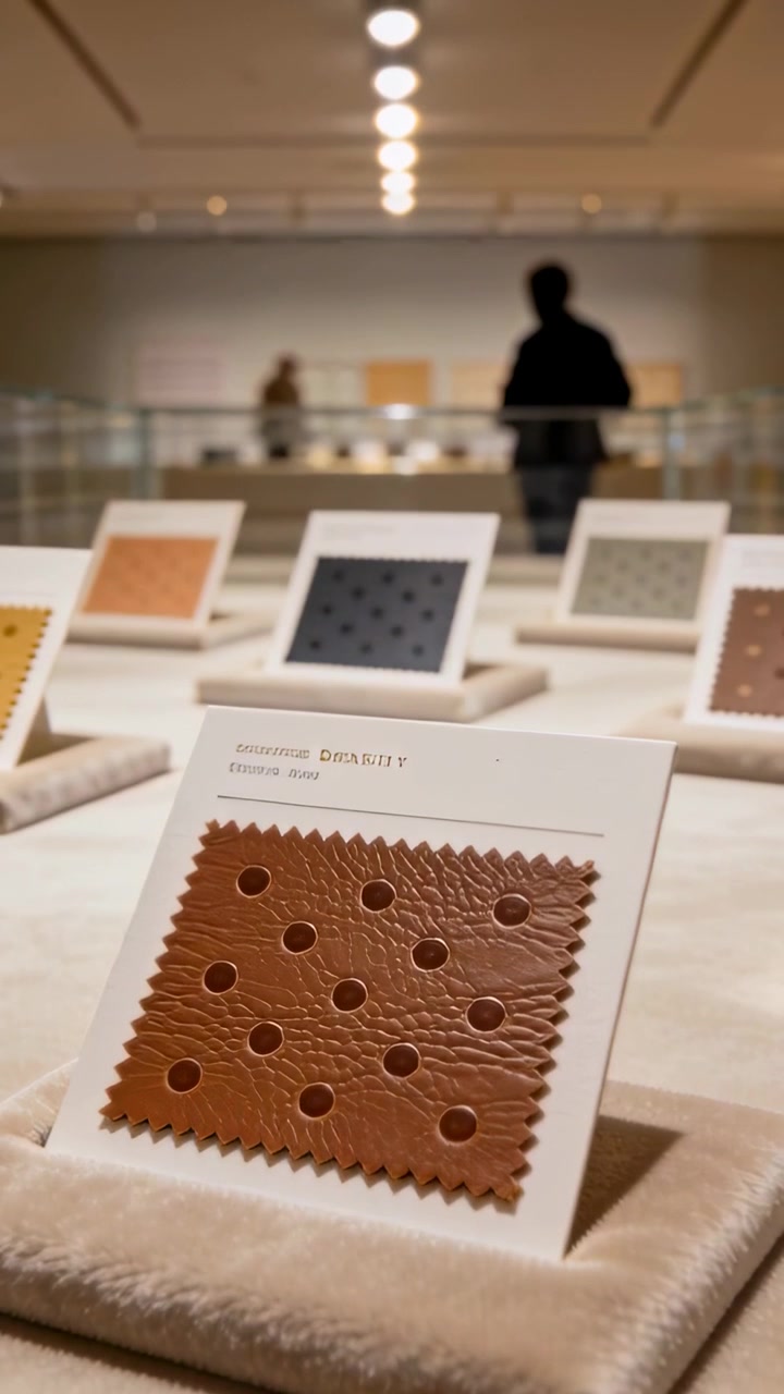Vertical video: Panning shot keeping brown leather swatch focused, showing material mix in gallery