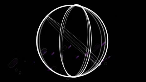 Animation-of-white-globe-spinning-and-purple-light-trails-on-black-background