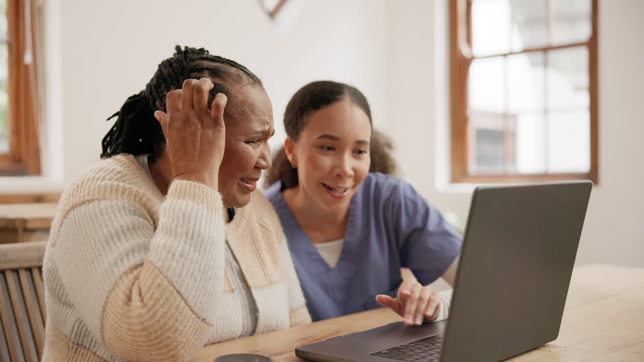 Senior care, nurse and old woman with laptop
