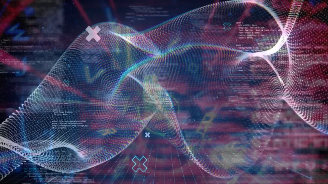 Animation of waves and shapes over data processing in digital space