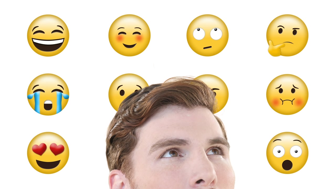 Animation of head of caucasian man over emoticons on white background