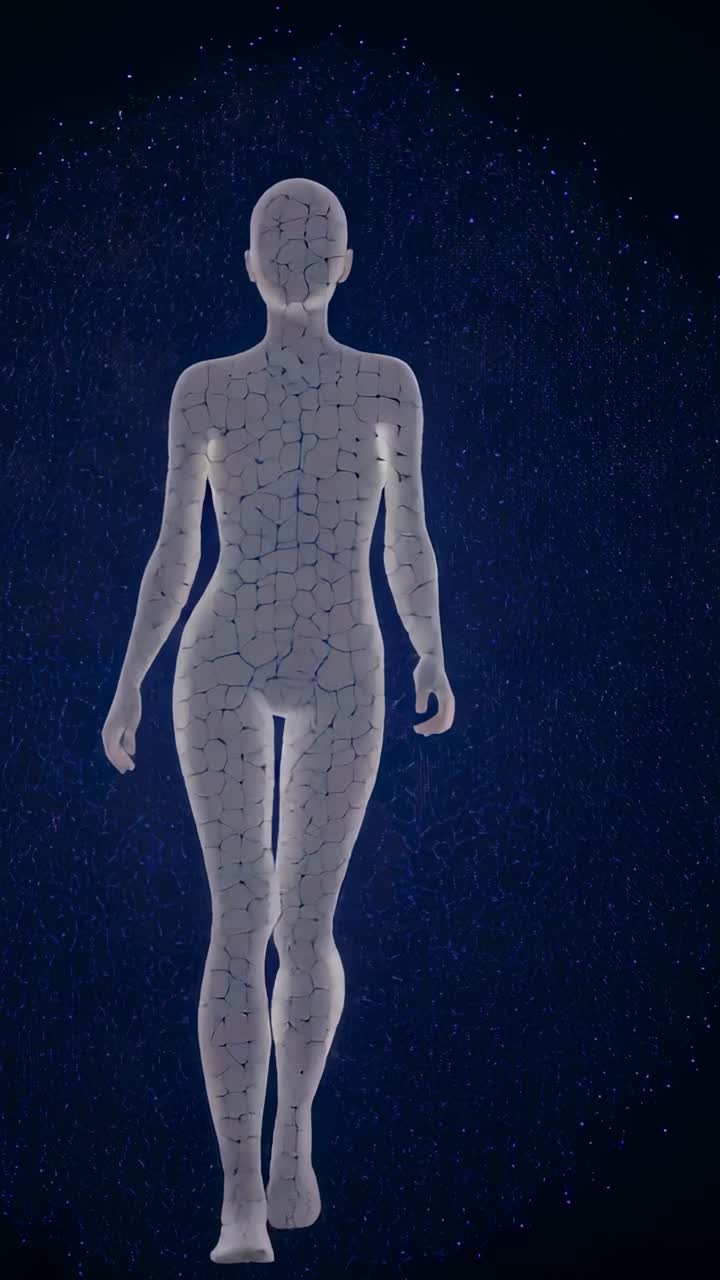 Verticale video: startende weergave 3D-model dat naar de camera loopt in een blauw sterrenveld met zichtbare barsten