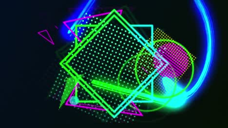 Animation-Leuchtender-Neongeometrischer-Formen-Mit-Neonlichtspuren-Im-Hintergrund