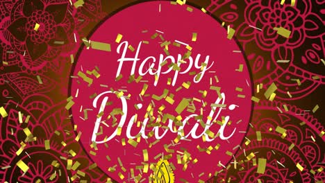 animación de feliz diwali sobre confeti dorado y círculo rojo sobre fondo rojo