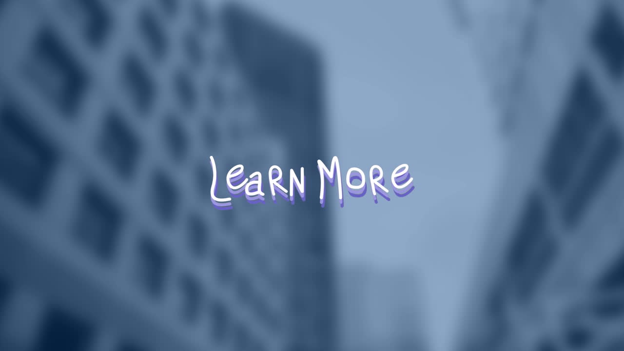 Animation of learn more text with lines over out of focus cityscape