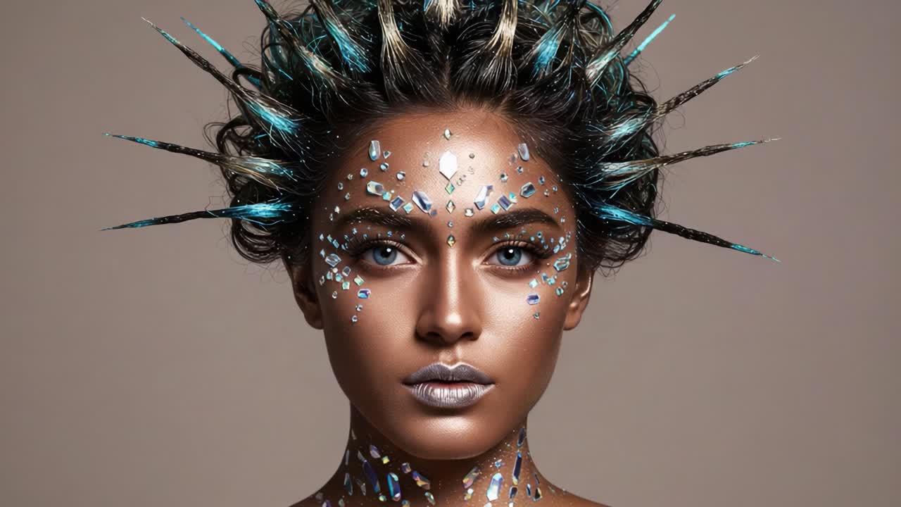 Un ritratto ipnotizzante di bellezza artistica, con una modella adornata con gemme scintillanti e intricata arte sui capelli trasformata in uno splendido capolavoro visivo