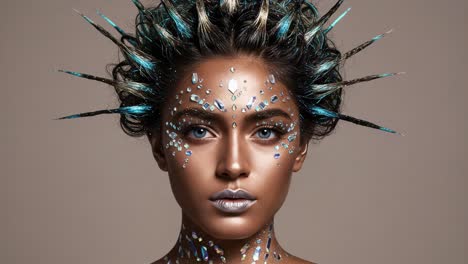 a mesmerizing portrait of artistic beauty, featuring a model adorned with sparkling gems and intricate hair art turned into a stunning visual masterpiece