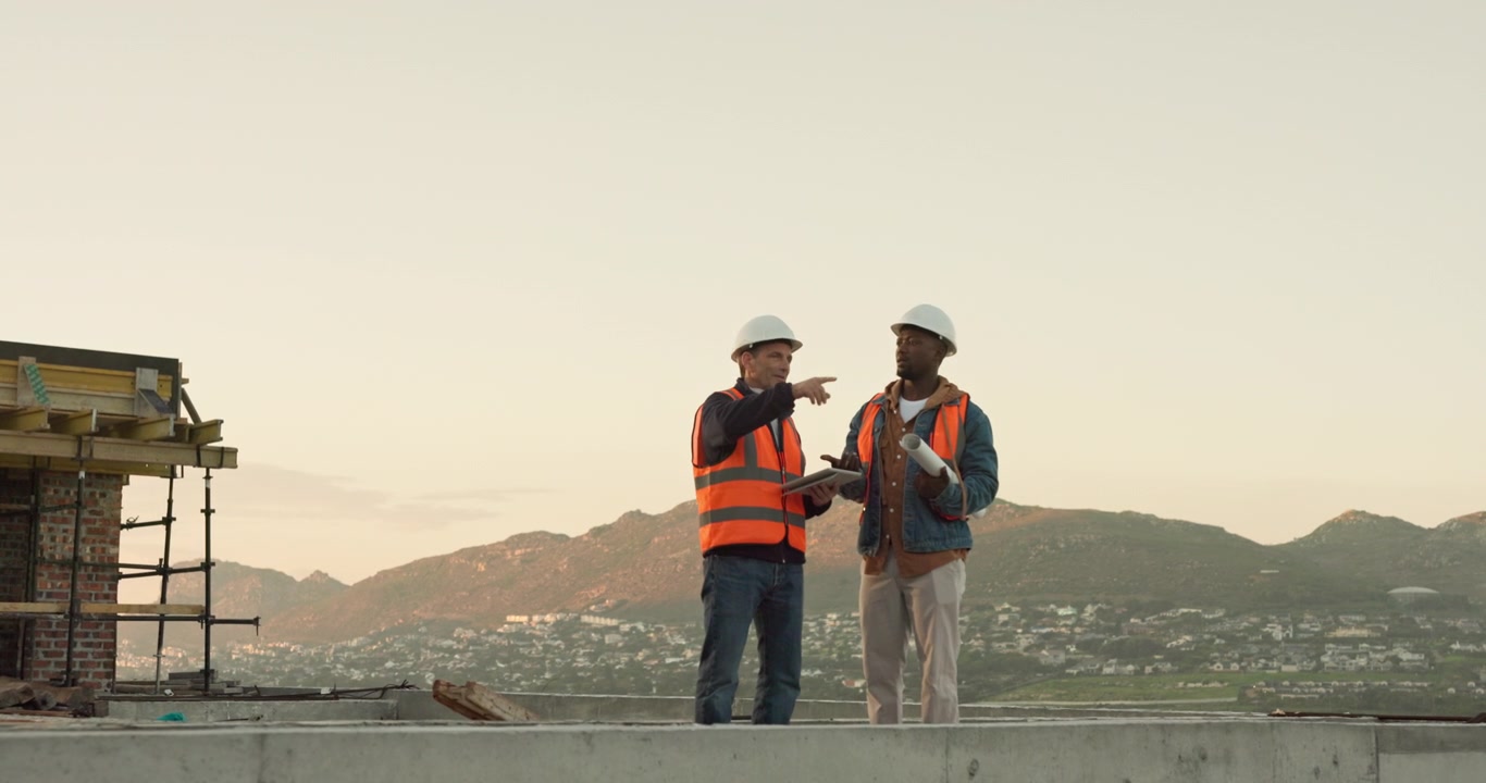 Two Construction Engineers Discussing Project Plans on Building Site