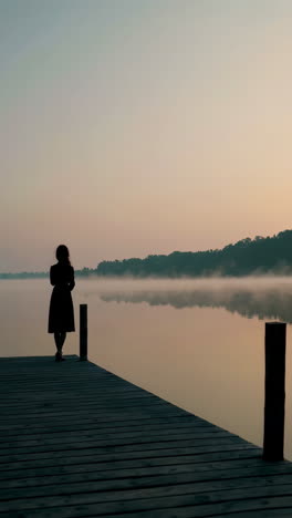woman on a dock at sunrise