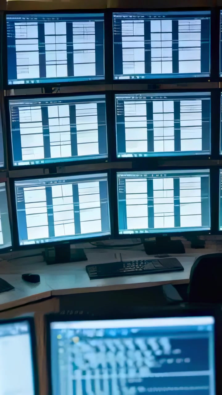 Video verticale: Telecamera in movimento panoramico che mostra una postazione operativa con una parete video 3x4 e schermi frontali per monitorare i sistemi.