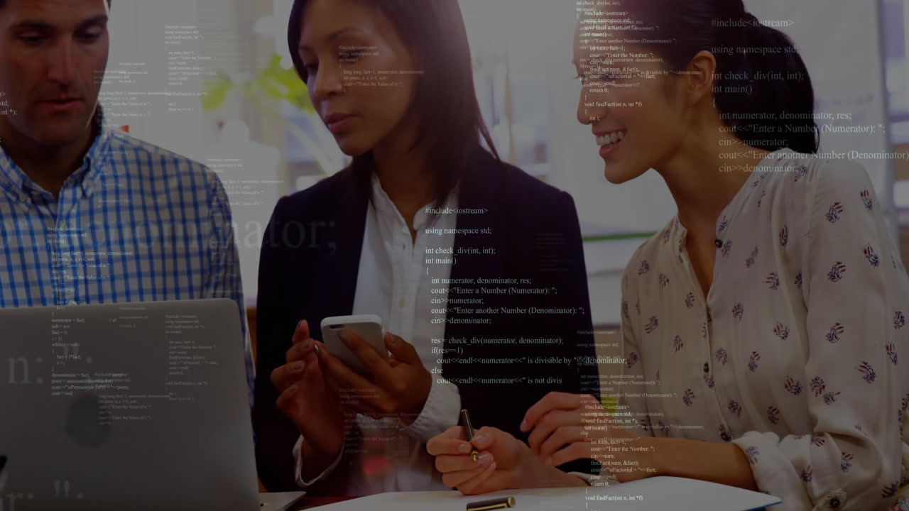 Programming code animation over business people collaborating with laptop and smartphone