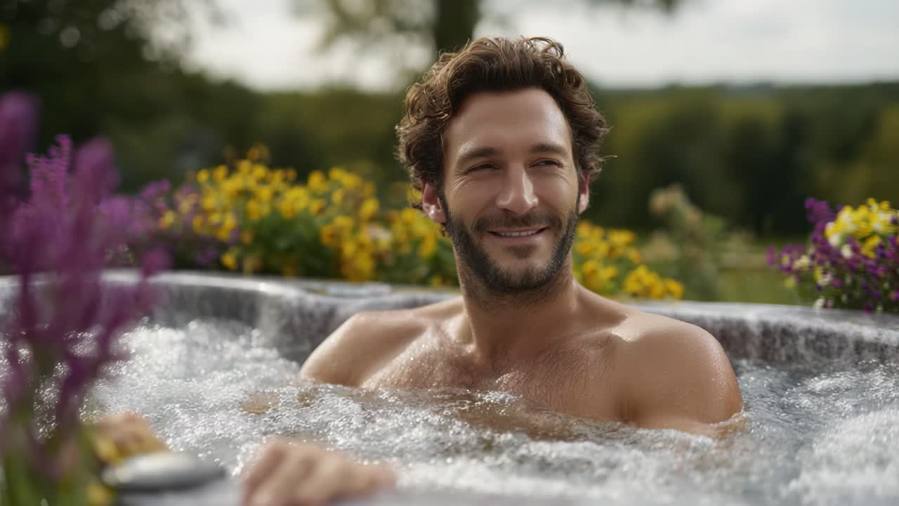 Relax e Gioia: Un Uomo si Gode un Rilassante Bagno di Bolle Circondato da Fiori Colorati in un Suggestivo Contesto di Vasca Idromassaggio Esterna