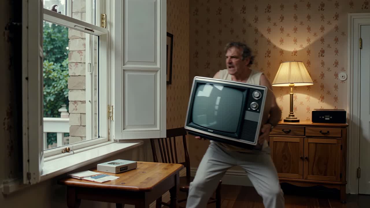 Uomo che trasporta una televisione in una stanza