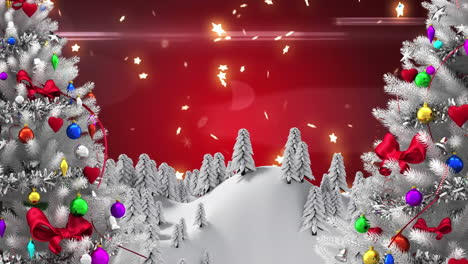 animación de árboles de navidad decorados, montañas cubiertas de nieve y estrellas sobre fondo rojo